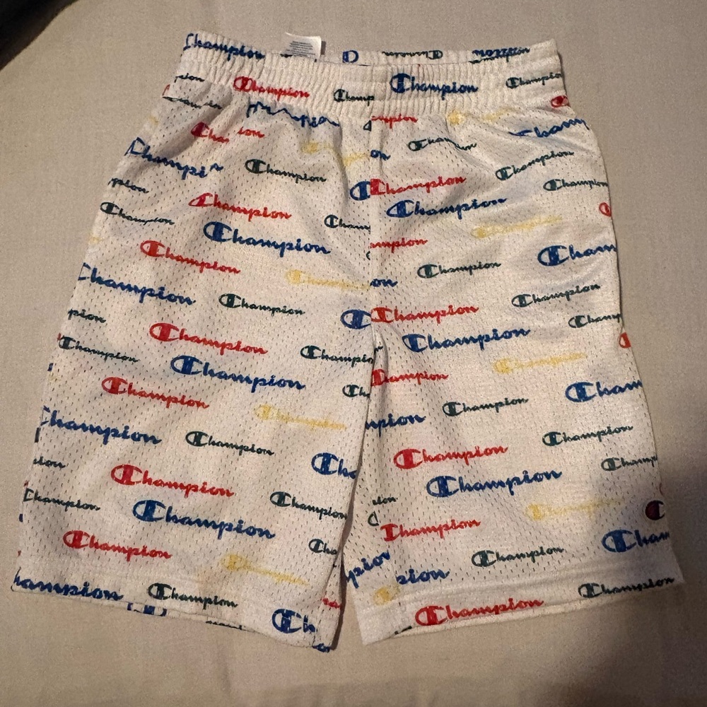 Champion White Mesh Shorts with Multicolor Logo Print